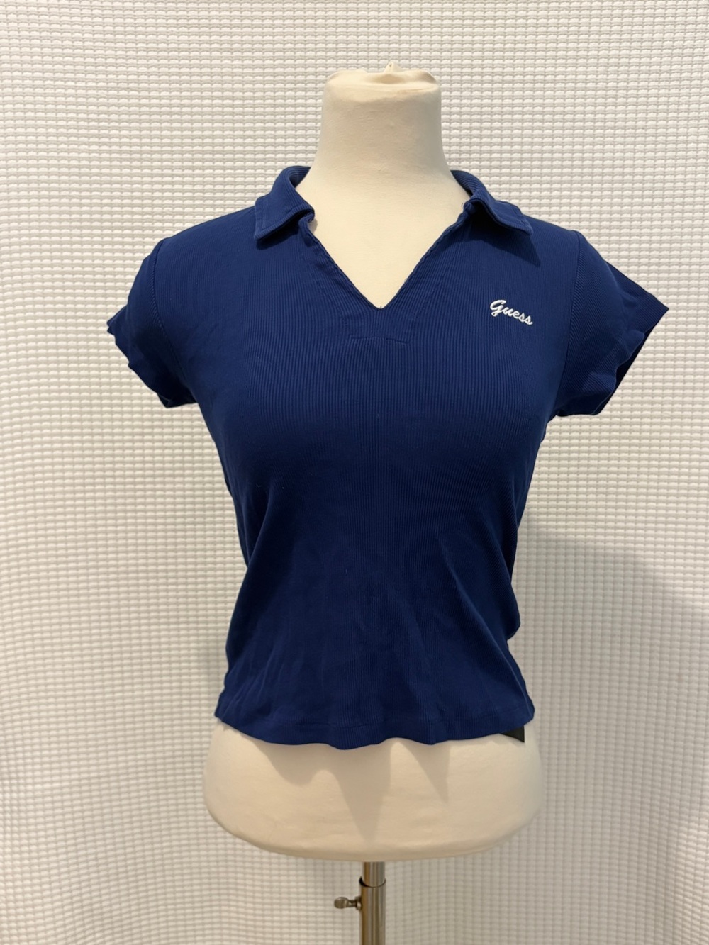 Vintage Y2K GUESS Navy Blue Ribbed Fitted Polo Top Size Medium